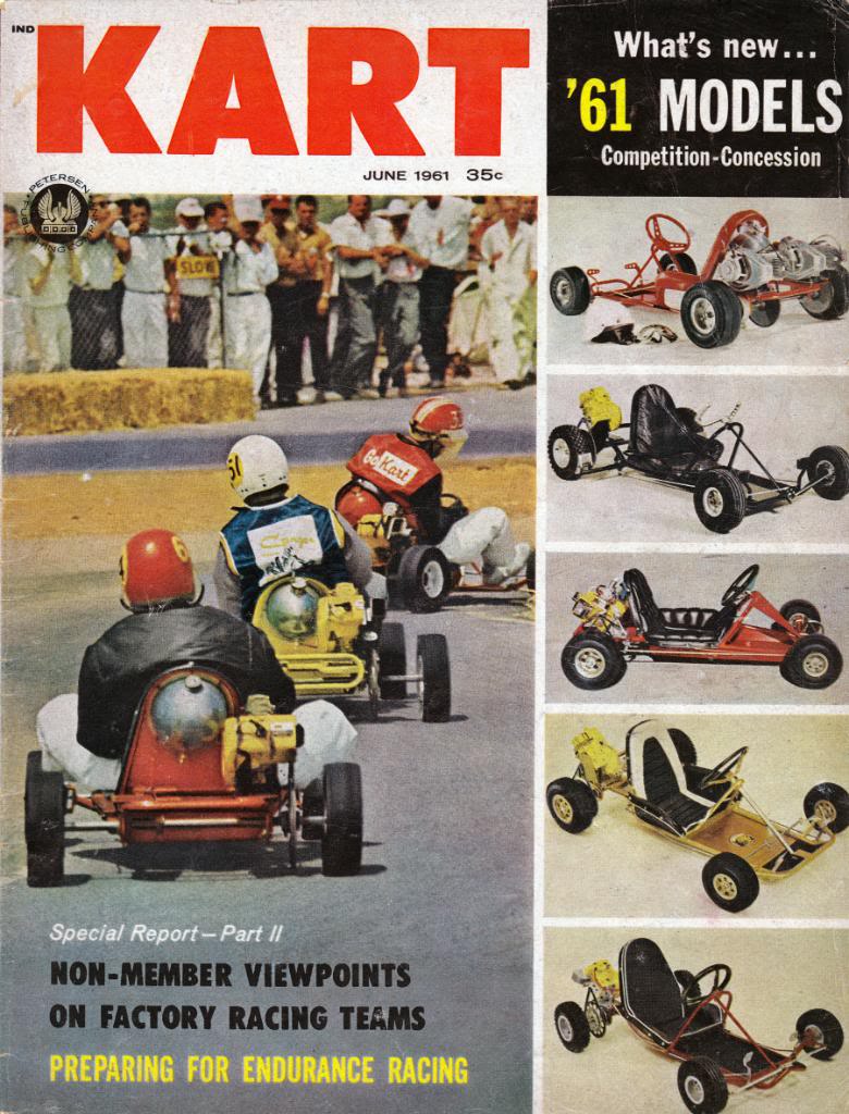 Revista "Kart" de 1961, já falando dos lançamentos de modelos, times de fábrica e corridas endurance.